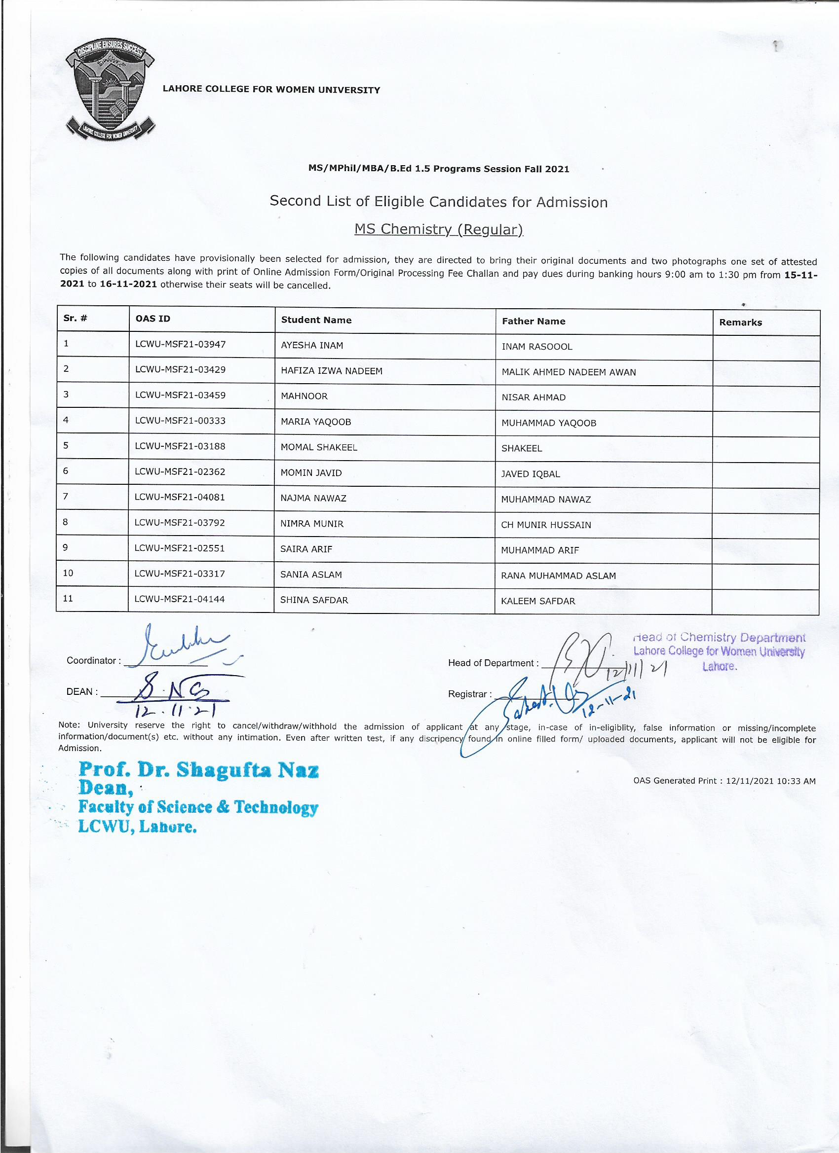 LCWU Merit List 2024 Download Online