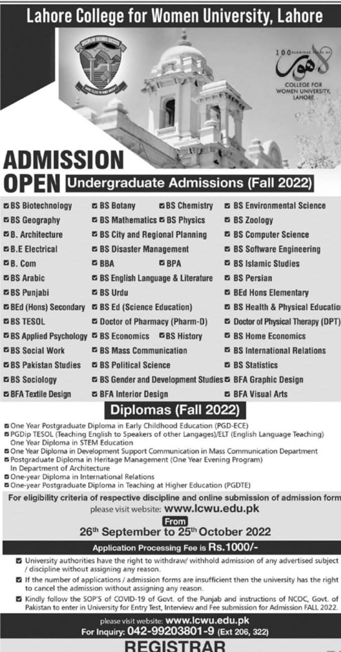 University Of Lahore - Admissions Open-Fall-2022 Last Date to Apply: 22nd  July, 2022 Online Form Submission Link:  Link  for Fee Structure:  Link for Admission  Guides